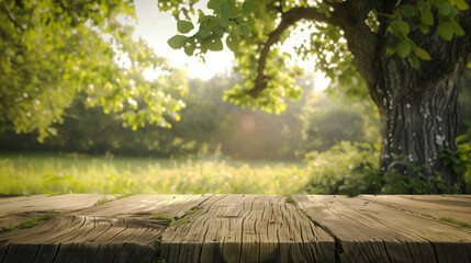 Sticker - A weathered wooden table in the foreground with a lush green forest and a large tree in the background, bathed in warm, natural sunlight, creating a serene outdoor setting.