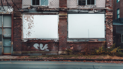 A weathered brick building with two large white blank signs for advertisements. The structure shows signs of decay with chipped paint and graffiti visible.