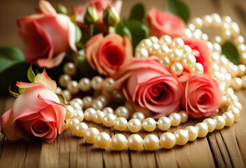 Wall Mural - A vintage pearl necklace laid on a wooden background with dried pink roses scattered around it.