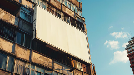 Wall Mural - An outdoor billboard mounted on the wall of an old, weathered building. The surrounding area includes additional high-rise structures and a clear, blue sky.