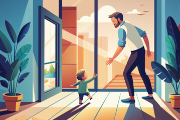 Wall Mural - The baby goes to see his father at the window learning to walk to take the first steps.  Concept of Happy Family Life Indoors