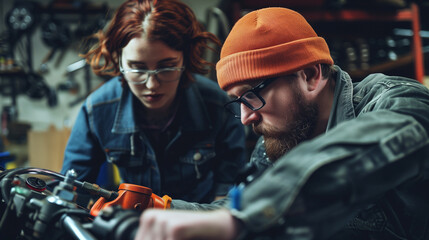 Poster - Two individuals in a workshop focus intently on repairing a piece of machinery. The environment suggests collaboration and hands-on technical work.
