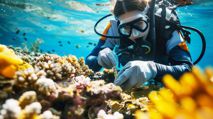 Canvas Print - A marine biologist in full scuba gear conducts research underwater, closely examining and working with vibrant coral reefs in a clear blue sea.