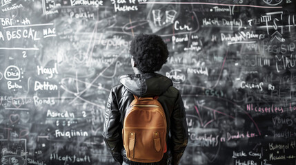 Wall Mural - A student with a brown backpack and black jacket stands in front of a large blackboard filled with colorful chalk writings and diagrams, seemingly lost in thought.