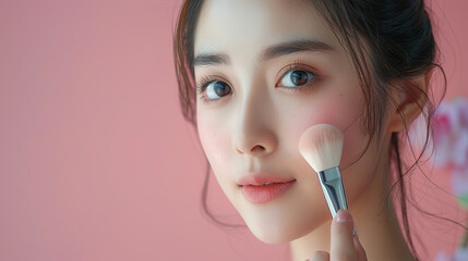 closeup of korean woman or fashion model doing her makeup with makeup brush , beauty salon concept, 