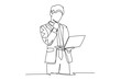 © onetime - Single one line drawing young business man standing while holding tablet and thinking about business strategy at the office. Business idea concept. Continuous line design graphic vector illustration
