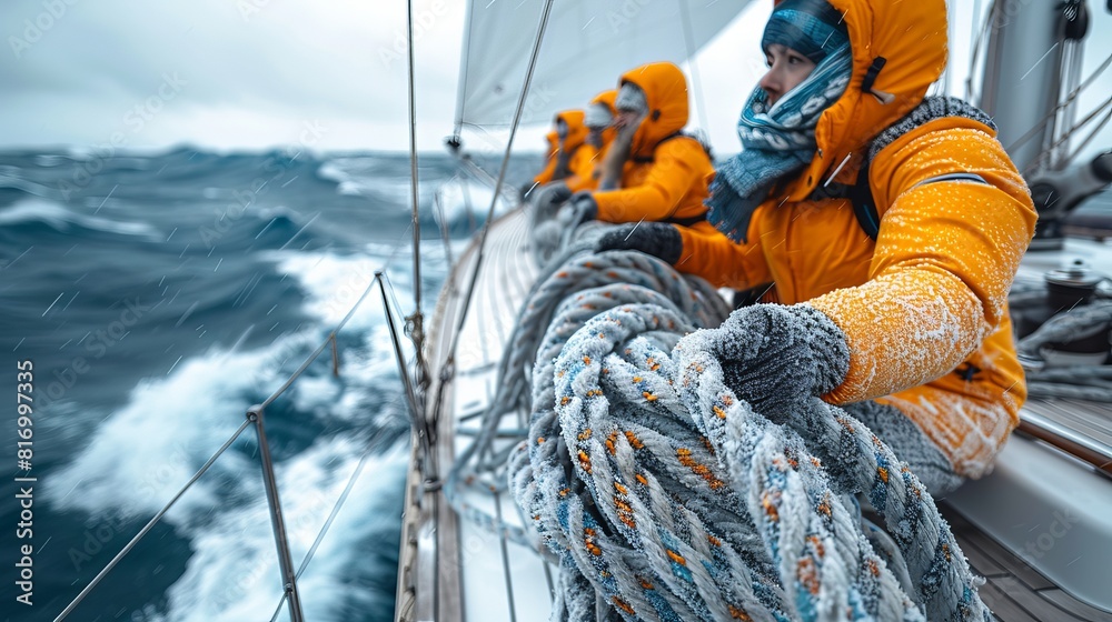 Teamwork Extream Captured in an intense extreme close-up, crew members collaborate ...