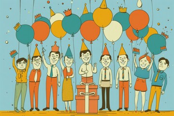 Aufkleber - A cheerful illustration of workers wearing party hats and holding balloons while celebrating Labor Day in a festive atmosphere. 