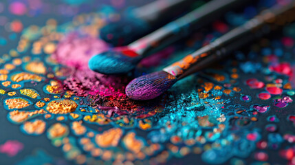 watercolor art of makeup brushes and multicolor powder blushes or powder on abstract background , be