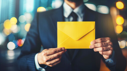 A person in a suit holding a vibrant yellow envelope against a city backdrop with blurred lights. The image suggests business, communication, or confidential delivery.