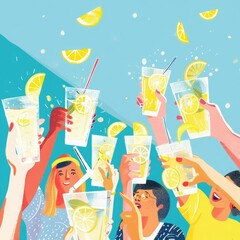 Poster - A cheerful illustration of workers raising a toast with glasses of lemonade or soda to celebrate Labor Day. 