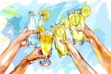 Poster - A cheerful illustration of workers raising a toast with glasses of lemonade or soda to celebrate Labor Day. 