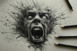 © ADDICTIVE STOCK - Explosive Zombie Head Pencil Illustration. Generative AI image