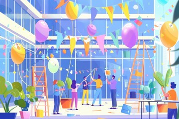 Poster - A lively illustration of workers decorating their workplace with banners, flags, and balloons to celebrate Labor Day. 