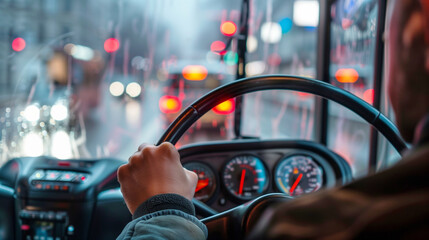 Canvas Print - View from inside a vehicle at night, with a driver's hand on the steering wheel and blurred city lights visible through a rain-streaked windshield.