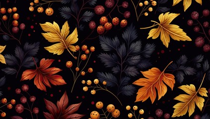 Sticker - A colorful painting of leaves and berries with a blue background