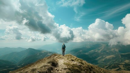 Poster - A person hiking up a mountain trail with a vast sky in the background. 