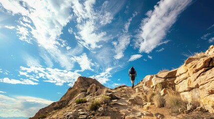 Poster - A person hiking up a mountain trail with a vast sky in the background.