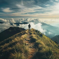 Poster - A person hiking up a mountain trail with a vast sky in the background. 