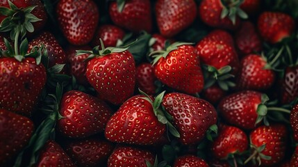 Wall Mural - Red ripe strawberries background. Close up, top view.