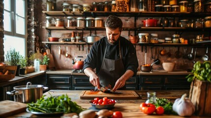 Poster - A chef preparing ingredients on a wooden cutting board in a rustic kitchen, with shelves of spices and cookware in the background.