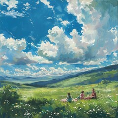 Poster - A family having a picnic in a lush green meadow, with a blue sky and fluffy clouds above.