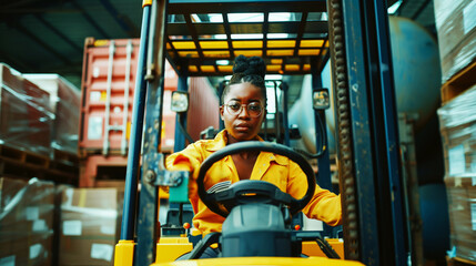 Sticker - A focused worker operates a forklift inside a warehouse filled with stacked pallets and shipping containers. The worker is dressed in a yellow uniform and wearing glasses.