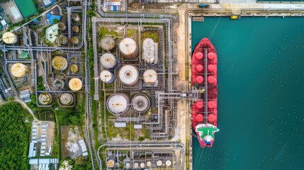 Wall Mural - Large cargo ship docked next to an industrial oil and gas tank storage complex. Aerial view. Red cargo ship and oil and gas tanks from above.