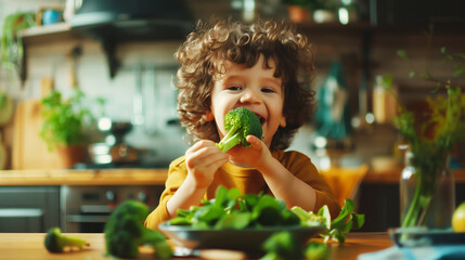 Poster - A cheerful child with curly hair happily eating a raw broccoli in a cozy kitchen setting, surrounded by fresh vegetables. The scene conveys healthy eating and childhood joy.