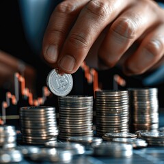 Poster - A businessman's hand placing a silver coin on top of a growing stack, with a bullish trading chart in the background. 