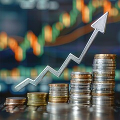 Aufkleber - An upward arrow superimposed on a trading chart background with a stack of silver coins at the base, symbolizing financial growth. 