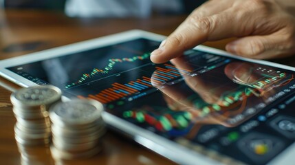 Poster - A businessman analyzing market data on a tablet device with a stack of silver coins and a trading chart visible on the screen. 
