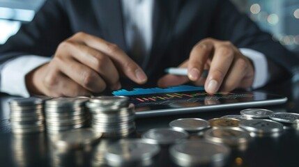 Poster - A businessman analyzing market data on a tablet device with a stack of silver coins and a trading chart visible on the screen. 