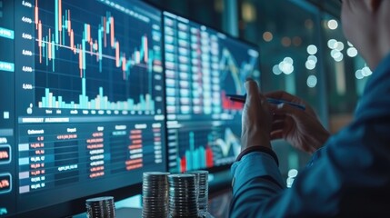 Poster - A financial expert giving a presentation on investment strategies with a large trading chart and a stack of silver coins displayed on a screen. 