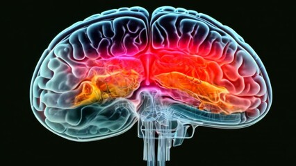 Poster - A colorful brain with a red spot on the left is shown in 3D
