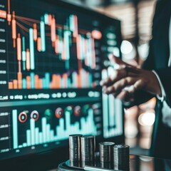 Poster - A financial expert giving a presentation on investment strategies with a large trading chart and a stack of silver coins displayed on a screen. 