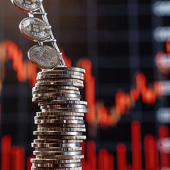 Aufkleber - A concept image of a ladder made of stacked silver coins ascending against the backdrop of a rising trading chart, symbolizing financial ascent