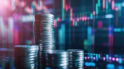 Poster - A concept image of a ladder made of stacked silver coins ascending against the backdrop of a rising trading chart, symbolizing financial ascent. 