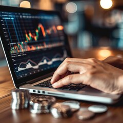 Poster - A person using a laptop to monitor stock performance with a stack of silver coins placed next to the keyboard and a trading chart on the screen. 
