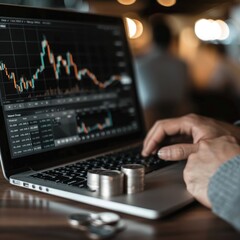 Poster - A person using a laptop to monitor stock performance with a stack of silver coins placed next to the keyboard and a trading chart on the screen. 