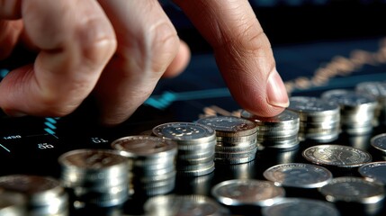 Aufkleber - A businessman's hand reaching out to touch a screen displaying a trading chart, with a stack of silver coins positioned nearby. 