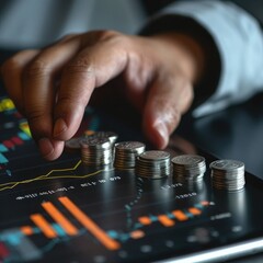 Poster - A businessman's hand reaching out to touch a screen displaying a trading chart, with a stack of silver coins positioned nearby. 