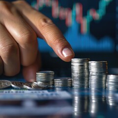 Poster - A businessman's hand reaching out to touch a screen displaying a trading chart, with a stack of silver coins positioned nearby. 