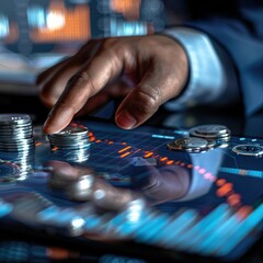 Poster - A businessman's hand reaching out to touch a screen displaying a trading chart, with a stack of silver coins positioned nearby. 