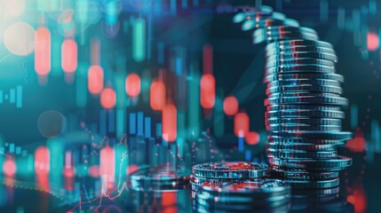 Poster - A concept image of a ladder made of stacked silver coins ascending against the backdrop of a rising trading chart, symbolizing financial ascent. 