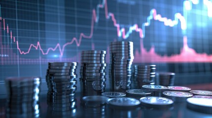 Aufkleber - A concept image of a ladder made of stacked silver coins ascending against the backdrop of a rising trading chart, symbolizing financial ascent. 