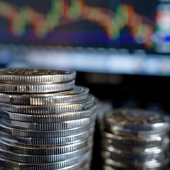 Aufkleber - A financial analyst reviewing market data with a stack of silver coins and a trading chart visible on a computer monitor. 