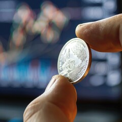 Poster - A close-up of a hand holding a silver coin against the backdrop of a trading chart, emphasizing the connection between physical assets and market trends. 
