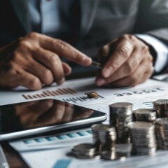 Poster - A businessman examining a trading chart on a digital tablet with a stack of silver coins and financial documents spread out on a desk. 