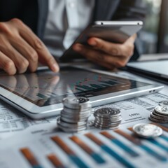 Poster - A businessman examining a trading chart on a digital tablet with a stack of silver coins and financial documents spread out on a desk. 